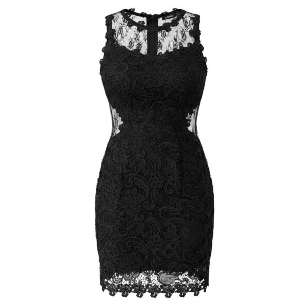 SOIEBLU Black Floral Lace Mini Dress Sheer Mesh Panels Sleeveless Womens Large